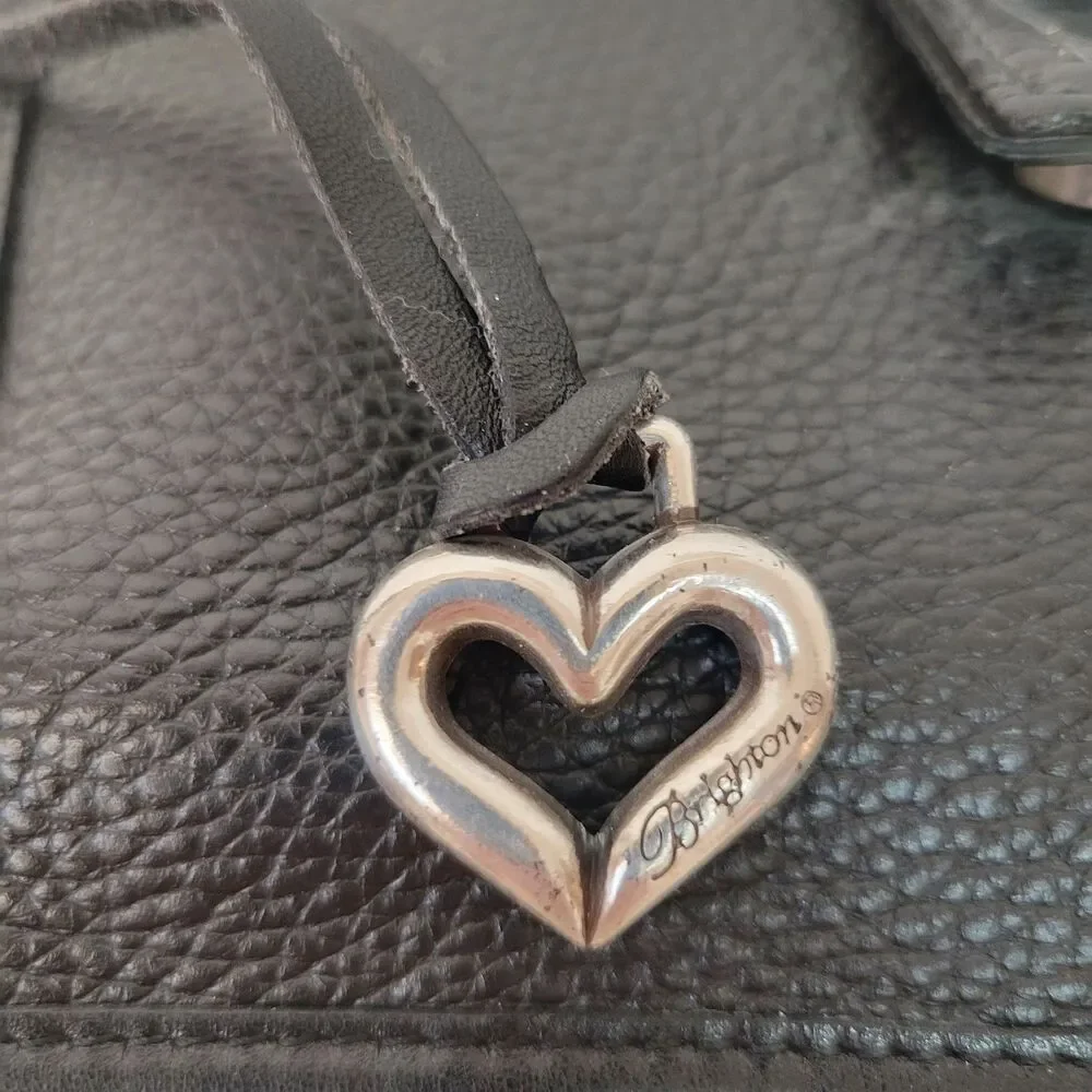 Brighton Black Pebbled Leather Shoulder Bag Croc Embossed Trim Silver Heart...